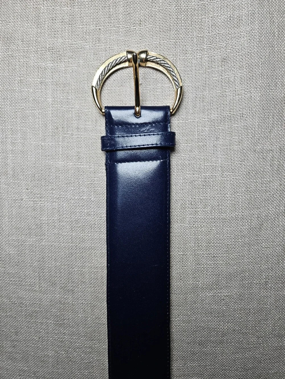 Navy Leather Belt with Gold Buckle